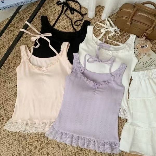 辣妹纯欲风蝴蝶结蕾丝拼接绑带挂脖吊带背心女带胸垫修身露背上衣|undefined
