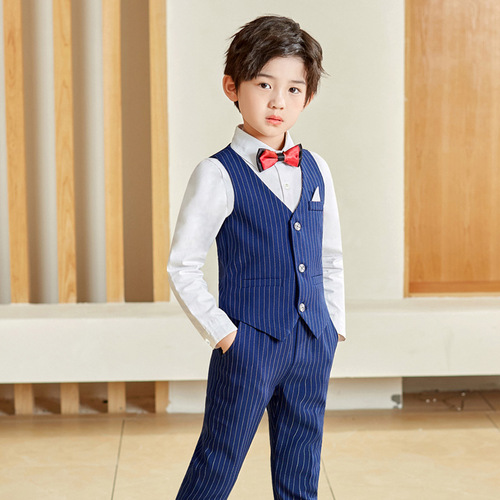 Spring Children's Costume for Boys Gentleman Suit Children Baby Birthday Performance Dress Vest and Trousers Striped Set White Collared Shirt