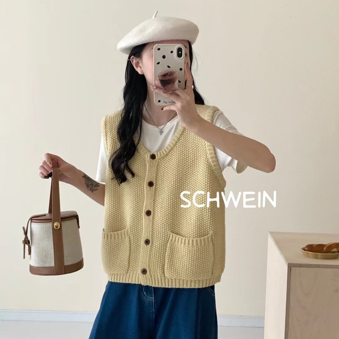 18%羊毛韩系立体纹路毛衣背心开衫女秋宽松无袖针织马甲坎肩外套