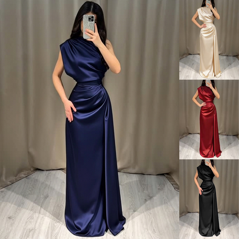2026 Amazon Independent Site Cross-Border New Satin Round-Neck Dress with Waist-Cinching Pleats, Long Elegant Gown 2026 Amazon Independent Site Cross-Border New Satin Round-Neck Dress with Waist-Cinching Pleats, Long Elegant Gown