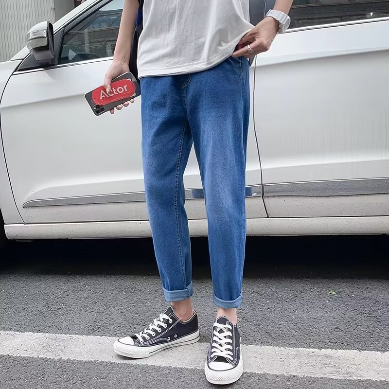 2024 Summer Men's Gradual Change Mop Pants Vertical Jeans Trendy Korean Style Loose Trousers Men's Denim Pants