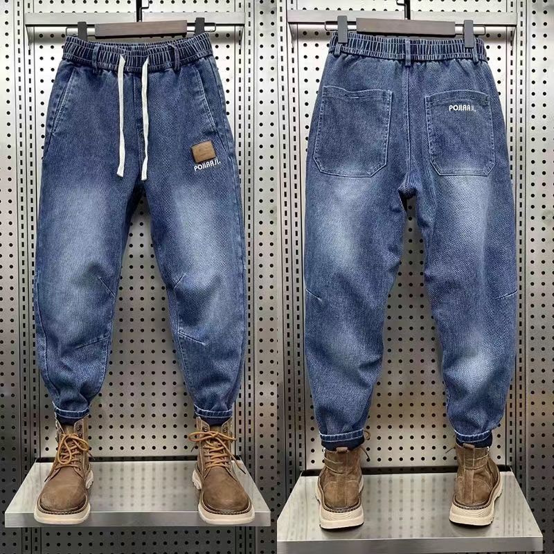 Drawstring tied denim jeans for men's 2023 summer new elastic loose Harlan leggings casual cropped pants_voghion.com