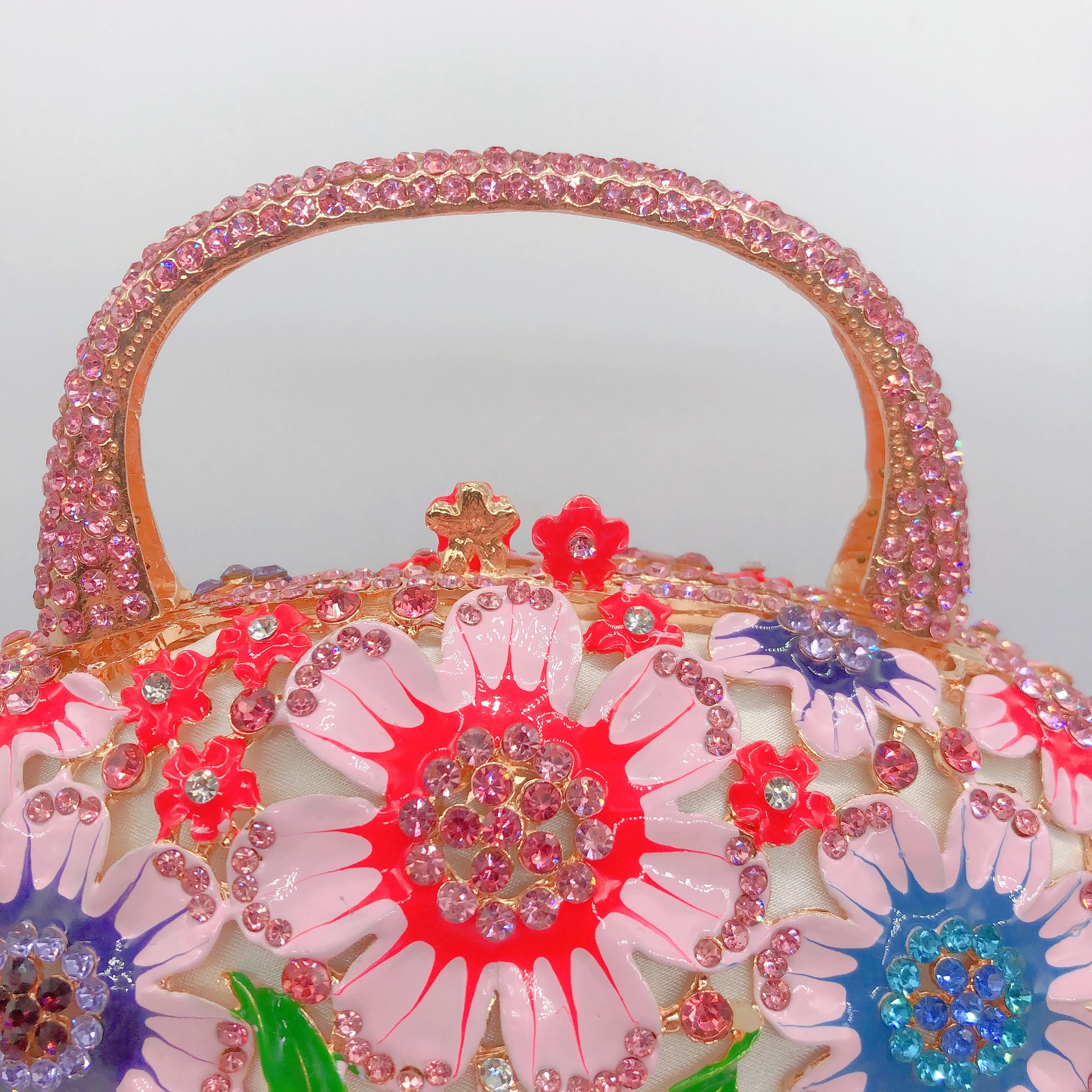 Túi clutch cầm tay giỏ hoa đính kim cương phong cách Hàn Quốc — Phấn màu/Hoa Hồng chi tiết 12