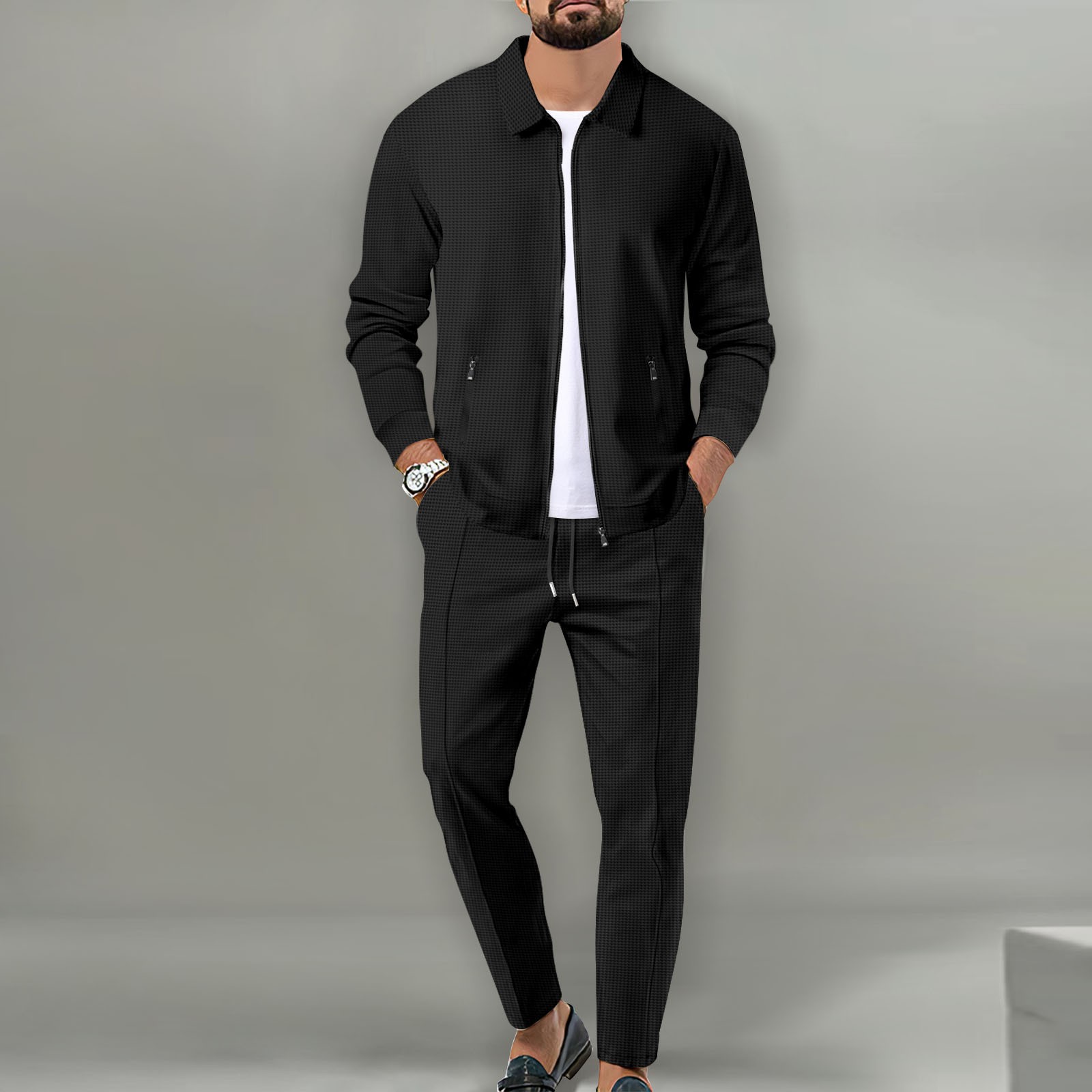 Cross-border European and American business casual suit for men, waffle knit turn-down collar zip-up sweatshirt, sports pants, jacket set for men