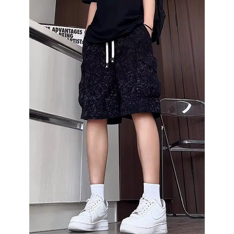 Tie-Dye Black Cargo Sports Shorts for Men, Multi-Pocket Loose Casual Plus-Size Mid-Length American Style Four-Fifth Shorts Trendy