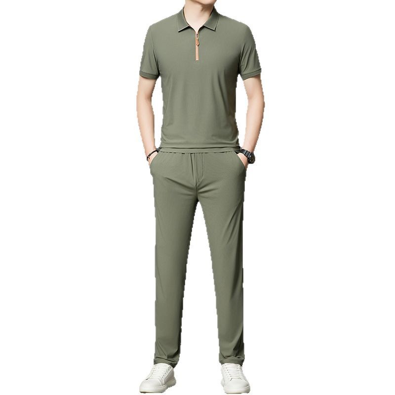 100% Mulberry Silk Light Luxury Short-sleeved Trousers Two-piece Set Men's Ice Silk Traceless Lassel Polo Shirt Casual suit