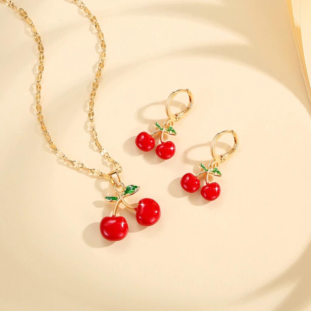 Frutas de explosión transfronteriza series de cereza roja ágata colgante collar pendientes pendientes set de joyas de moda para mujeres