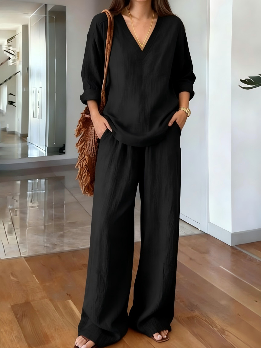 Casual Washed Cotton V Neck Pullover And Trouser Set For Women_voghion.com