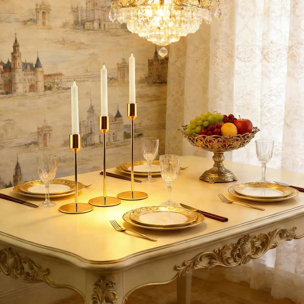 Candelaria de estilo nórdico simple dorado candelabros de hierro forjado mesa de comedor taza de velas romántica decoración de cena a la luz de velas