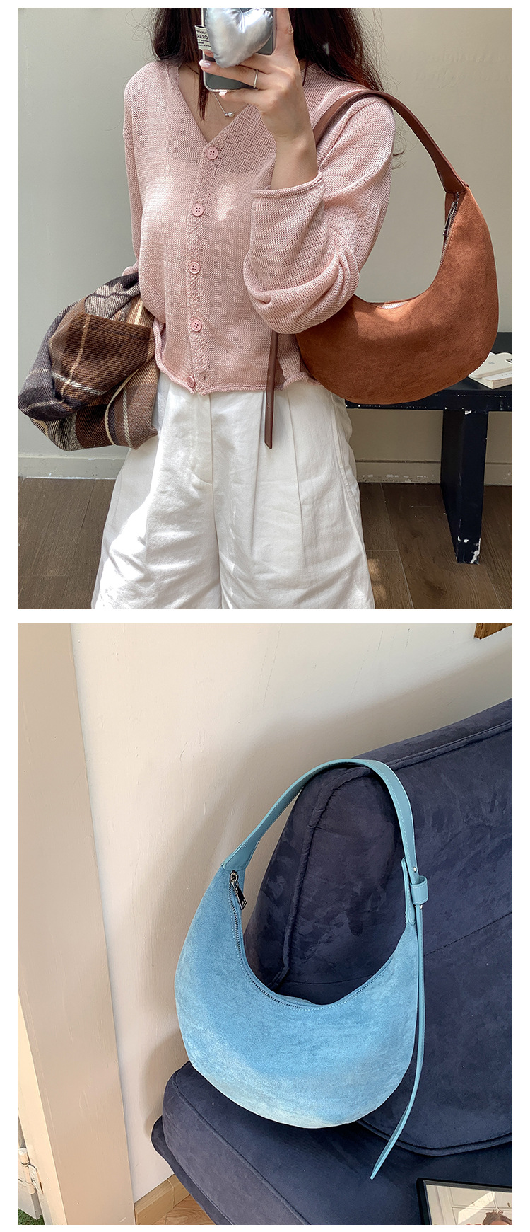 Suede autumn edition women, Japanese Korean niche hand-held dumpling bag, plush fashionable and simple new shoulder bag_voghion.com