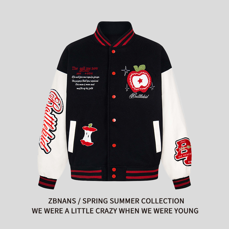 American Retro Autumn and Winter Fun Flocked Towel Embroidered Apple Baseball Jacket for Men and Women with Leather Patchwork Design Couple Coat