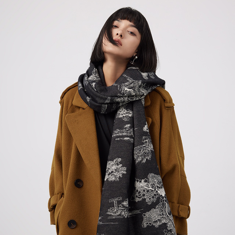 Jacquard Landscape Painting Cashmere Scarf For Women's Office Air-conditioned Room Thick And Warm Long Trendy Scarf_voghion.com