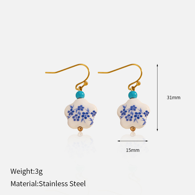 Europa y los Estados Unidos más vendidos antiguos aretes de cerámica azul y flor serie de aretes de cerámica nuevos aretes de estilo chino diseño temperamento estilo anillo redondo