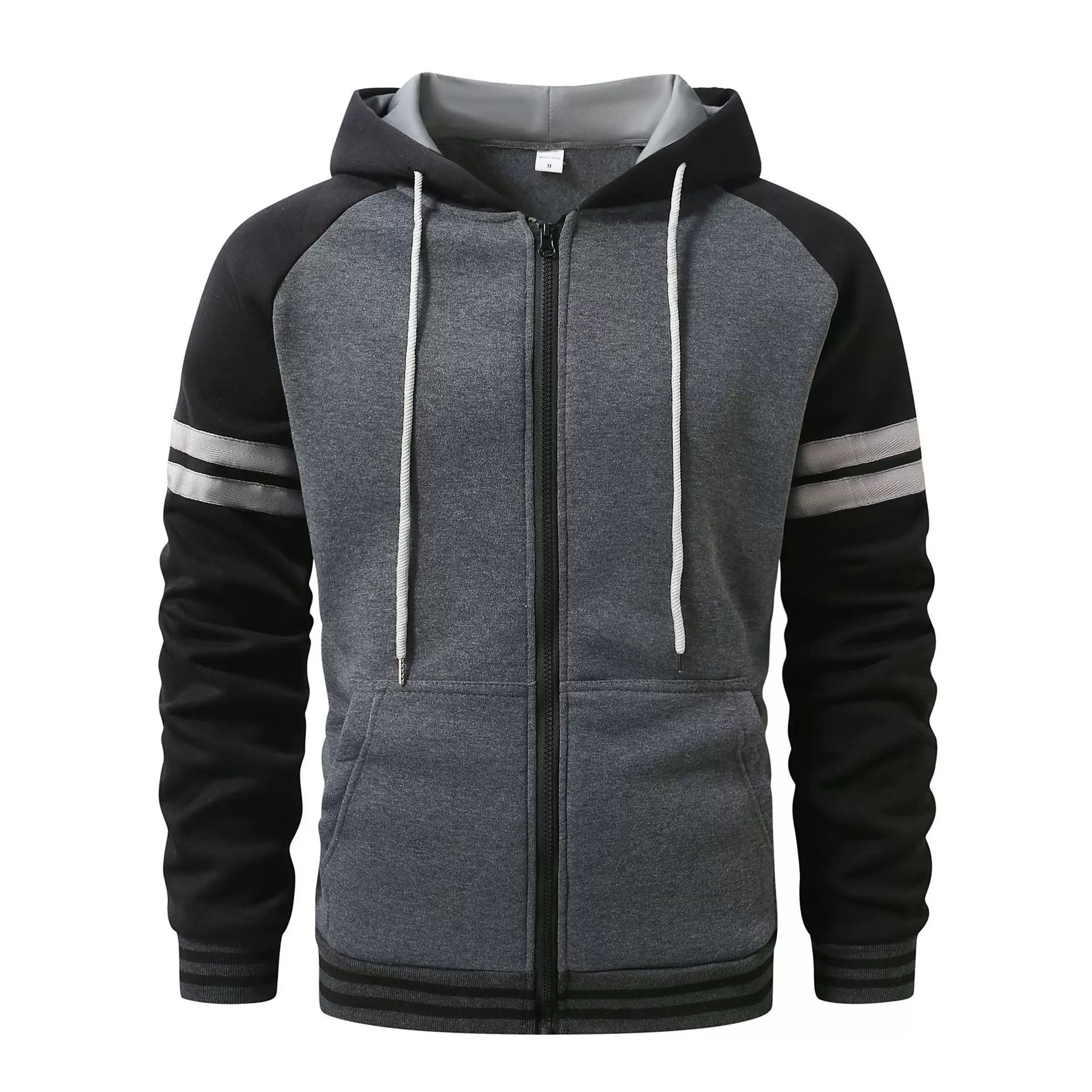 S-3XL跨境春秋男士卫衣连帽衫拉链开衫手臂织带男士运动休闲外套