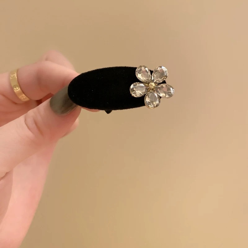 韩版闪亮花朵发夹女小众高级感刘海夹子侧边发卡碎发黑色鸭嘴夹女|undefined