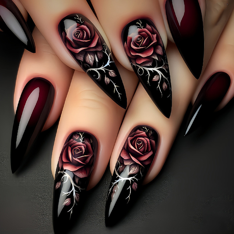 Valentine's Day Manicure Patches Long Dark Burgundy Rose Pattern Fake Nail Patches Removable 24 Pieces