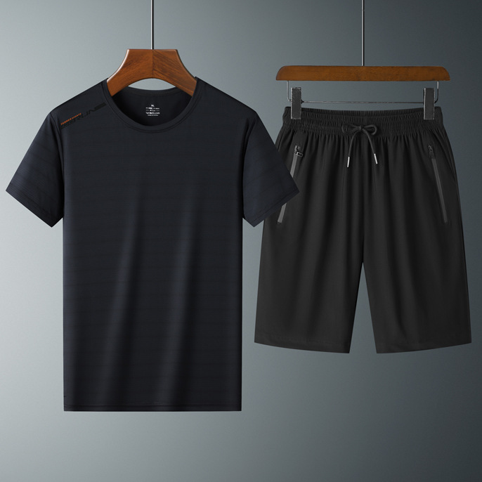 Ropa de verano de secado rápido traje de manga corta deportiva para hombres talla grande Camiseta de seda de hielo pantalones de estudiante traje de tres piezas