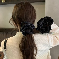 高级感双层褶皱花边大肠发圈女百搭精致水晶发绳马尾头绳皮筋头饰