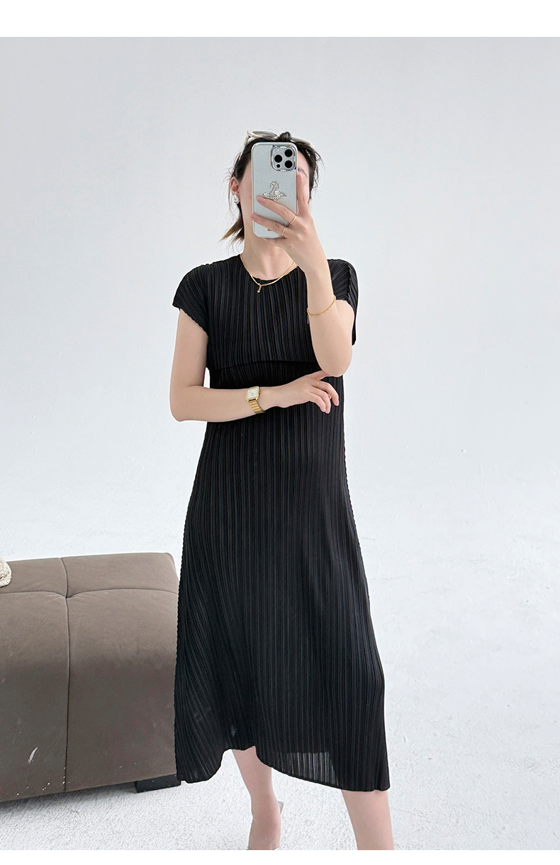 Váy liền xếp ly cổ tròn tay ngắn dáng maxi thắt eo thanh lịch — Màu xanh lam nhạt chi tiết 1