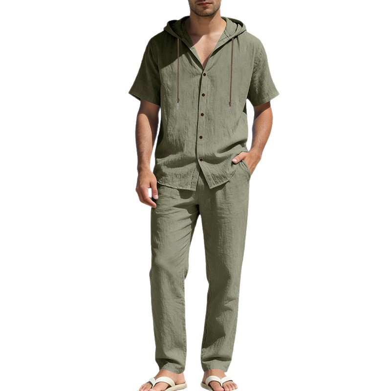 Herren Sommer-Freizeitanzug mit Hemd und Hose, locker geschnitten, Leinen, Kapuze, kurzärmelig, europäisch-amerikanischer Stil, gerades Bein_voghion.com