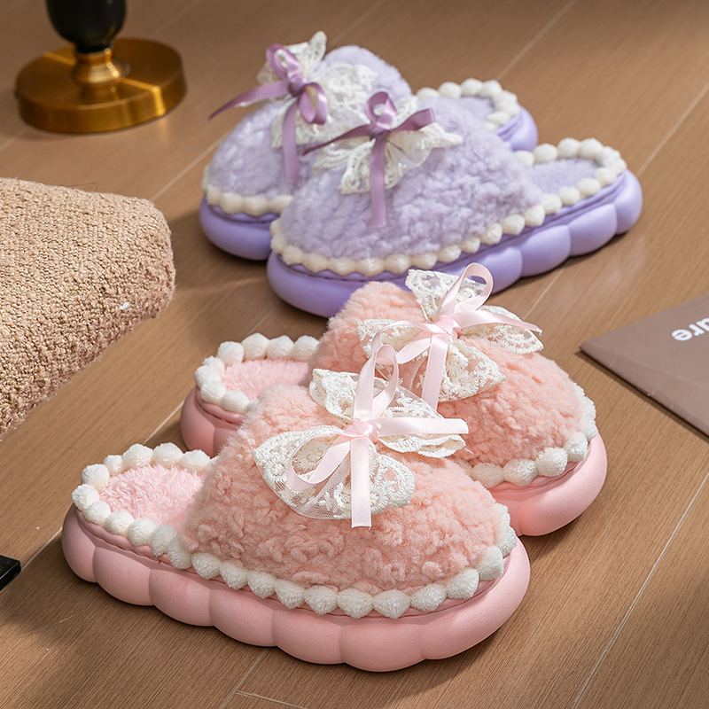女性用冬綿スリッパ、学生バージョン、リボン厚底、滑り止め、暖かい、ホームレジャー、女性用多用途ファミリースリッパ|undefined