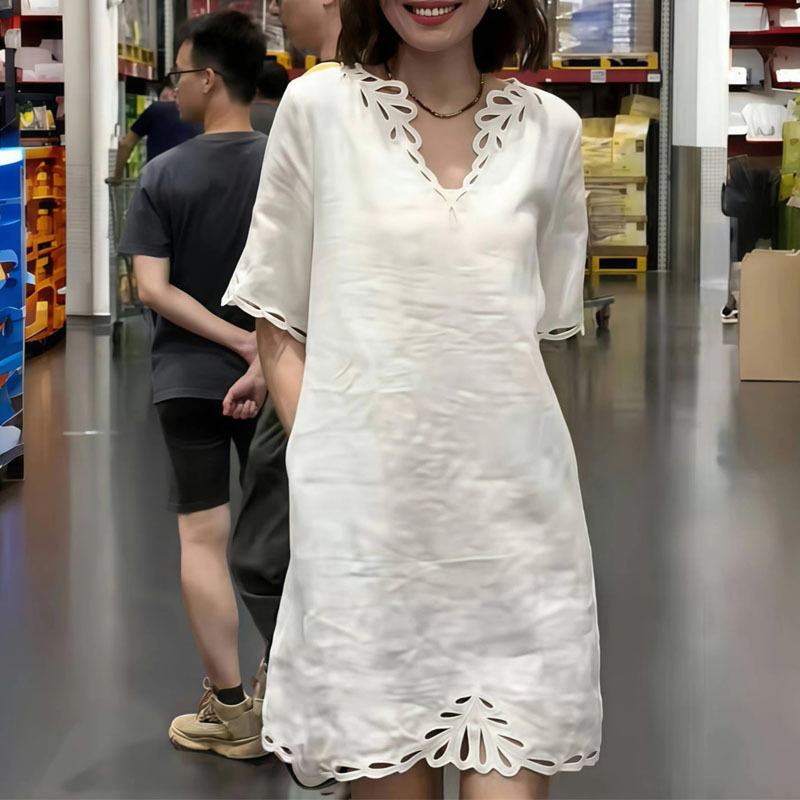 轻奢高级感简约亚麻白色V领连衣裙女2025新款设计感镂空洋气裙子|undefined