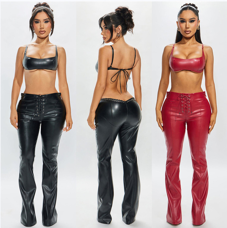 Ys8030 Amazon Cross-Border 2026 Pu Leather Set Sleeveless Halter Neck Sexy V-Shaped Lace-Up Leather Pants Two-Piece Set Ys8030 Amazon Cross-Border 2026 Pu Leather Set Sleeveless Halter Neck Sexy V-Shaped Lace-Up Leather Pants Two-Piece Set