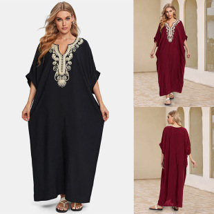 2024 new European and American rayon embroidered holiday loose plus size long dress Beach coat dress bikini blouse