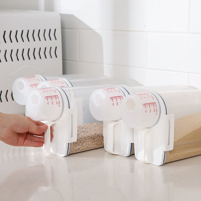 Cocina Tarro de almacenamiento de granos de plástico de estilo japonés transparente con taza medidora Cubo de mijo contenedor de almacenamiento de bocadillos de alimentos secos a prueba de humedad