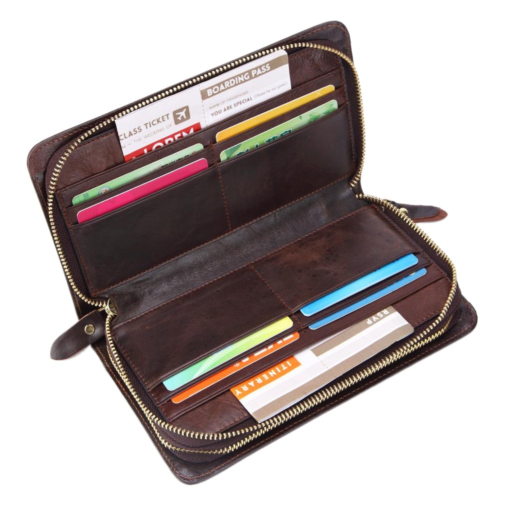 Spot hot selling first layer leather men's wallet long oil wax leather double zipper bag vintage men's bag a generation of hair