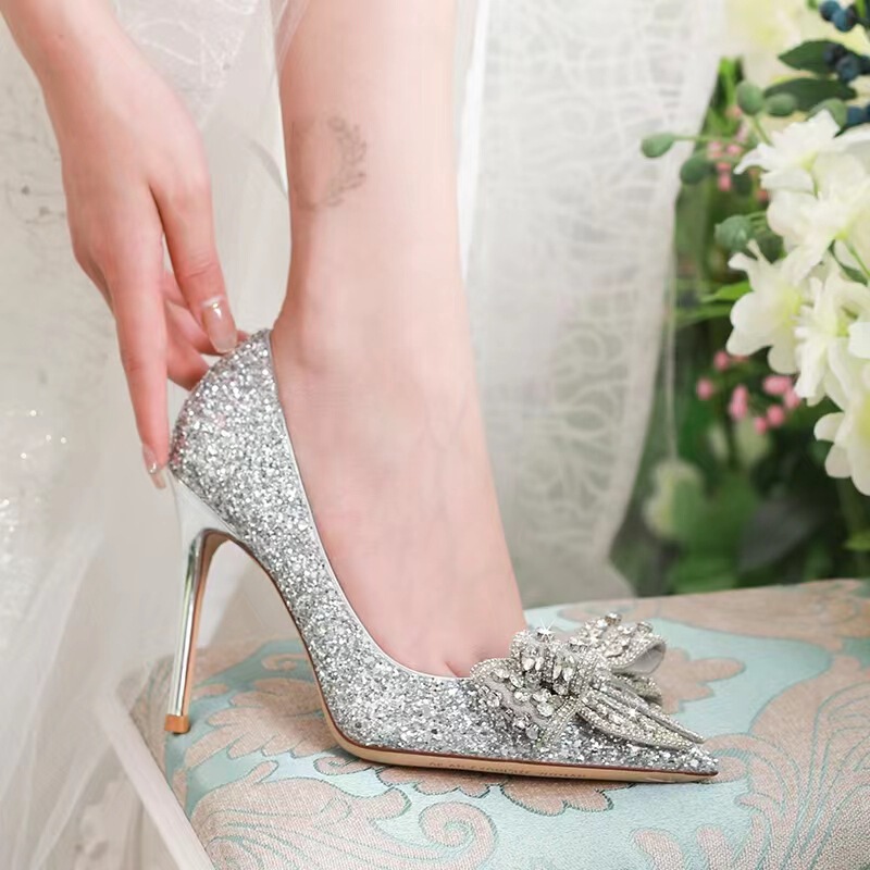 Wedding shoes bridal shoes main wedding party rhinestone bow silver sequined stiletto heel single-layer shoes bridesmaid crystal high heels
