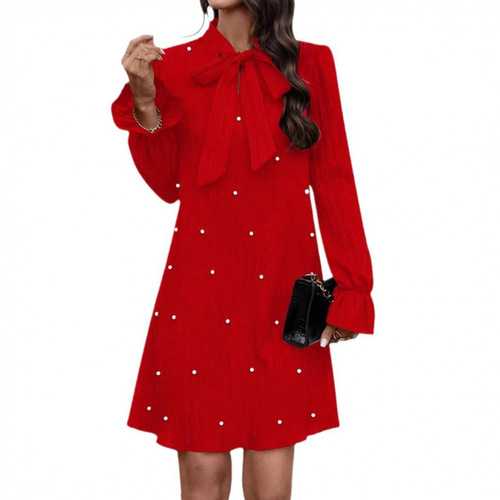 International Trade 2025 Early Spring Independent Store European and American Women's Laced Bead Long-Sleeve Solid Color Dress