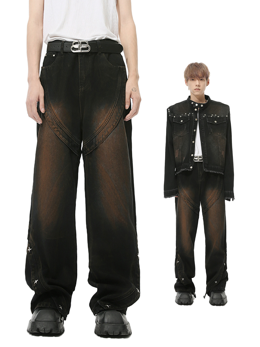 MTLCLOTHES Hombres| Nuevos productos de otoño de alta calle de residuos de viento de tierra hacer viejos teñidos sucios empalme deconstrucción jeans casuales