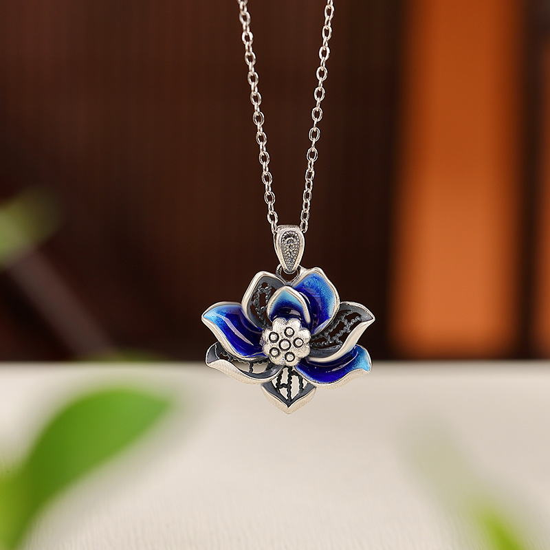 Mặt dây chuyền bạc S999 hình hoa sen rỗng, phong cách dân tộc cổ điển — Mặt Dây chuyền đơn (không có dây chuyền)