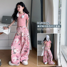 女童粉色套装2025年夏季新款儿童短袖玫瑰花牛仔裤夏装女孩两件套