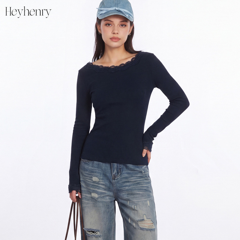 Heyhenry Slim Fit Lace Trim Long Sleeve Base Shirt for Women, New Autumn/Winter Tight-Fitting Stretchy Undershirt