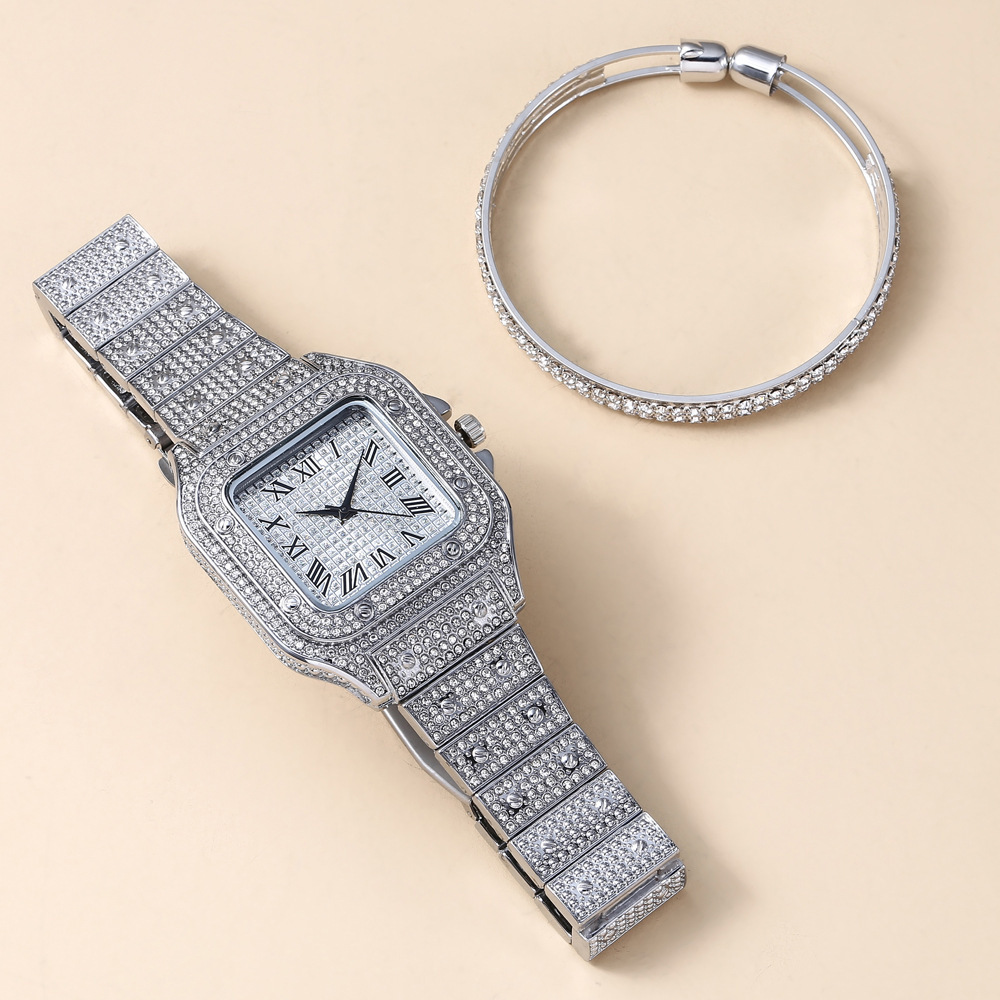 Casual trend personality square large dial full diamond steel belt quartz watch + bracelet (2pcs/set)_voghion.com