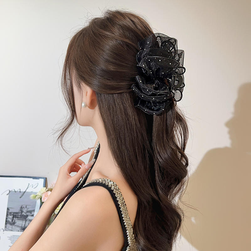 Pin de captura de burbuja de encaje negro para mujeres 2025 nuevo pin de cabello de cabeza posterior de alta sensación de red de disco rojo pin de cabello de tiburón