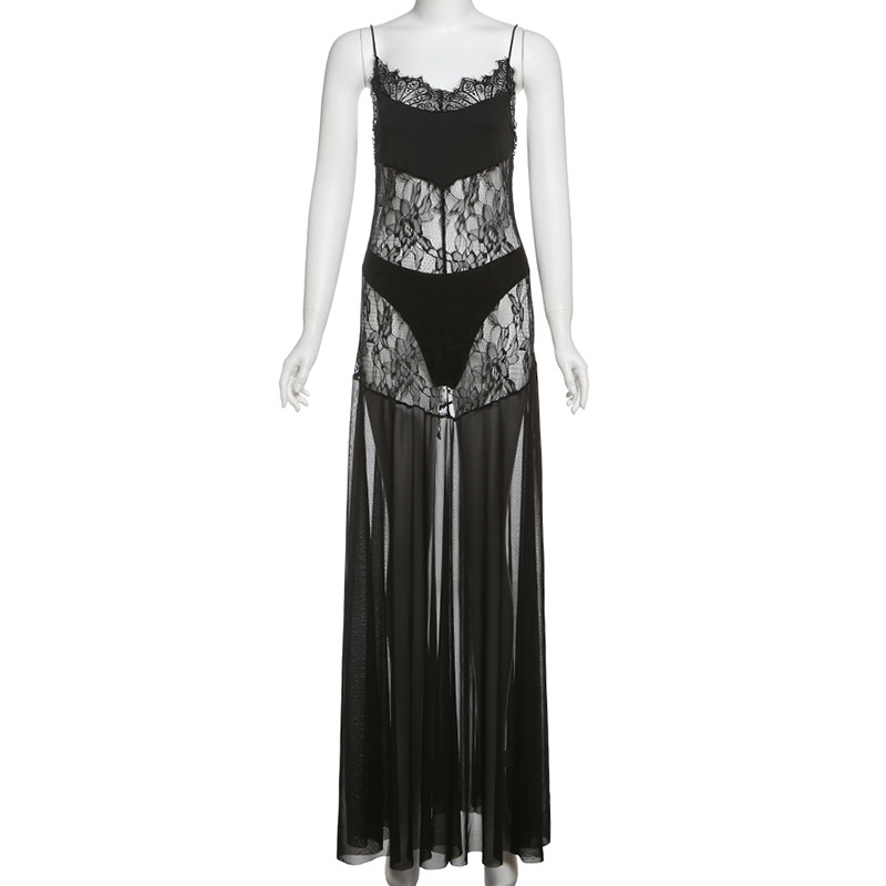 Spring Summer Women Clothing Sexy See through High Waist Slim Strap Dress Two Piece Sets