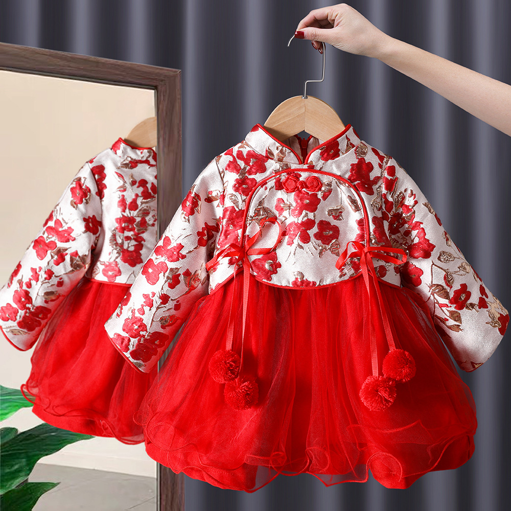 Hanfu Girls Saludos de Año Nuevo Traje Tang de estilo chino para niños Estilo de invierno para niños Falda cheongsam de un año Año Nuevo Ropa de invierno para niñas