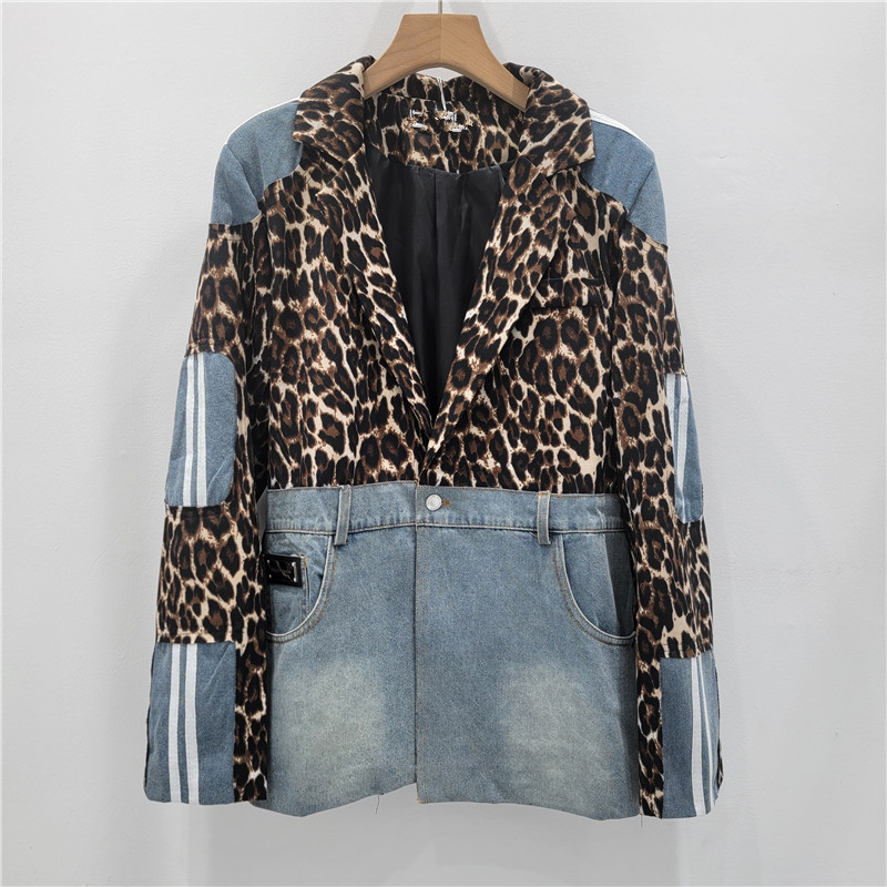 Saco Blazer con Estampado de Leopardo y Mezclilla de Poliéster Manga Larga para Otoño
