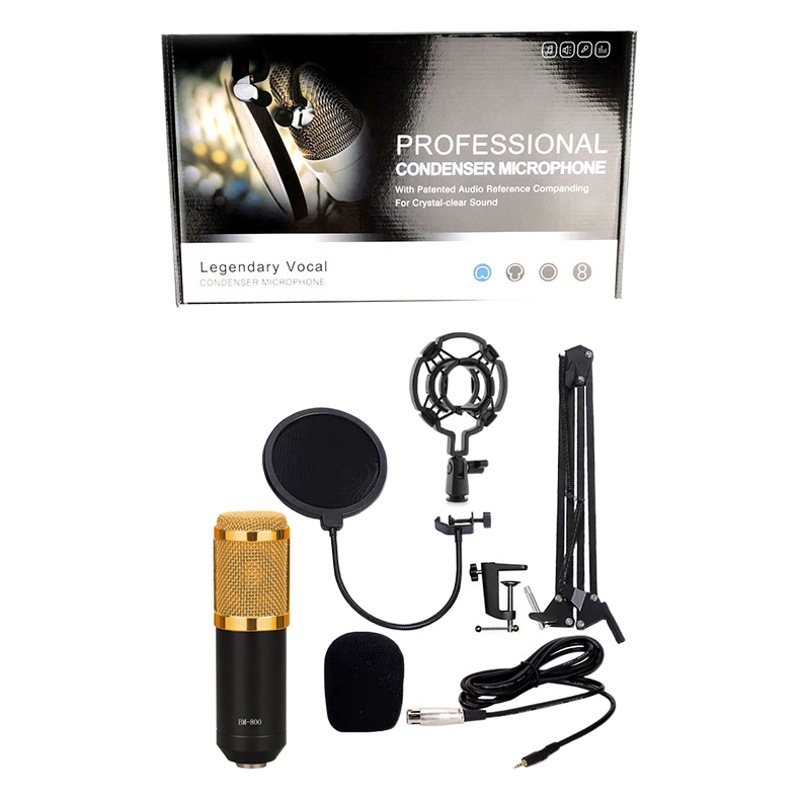 Micrófono BM800 con soporte, set para transmisión en vivo, micrófono para computadora, tarjeta de sonido para grabación, juegos, karaoke, micrófono de condensador con reducción de ruido