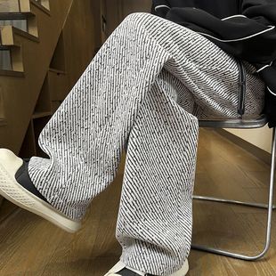 Spring and Autumn Lazy Style Diagonal Striped Wide-Leg Casual Pants for Men, Trendy Brand, Loose, Slimming, Drapey, Floor-Length, Straight-Leg Versatile Sweatpants