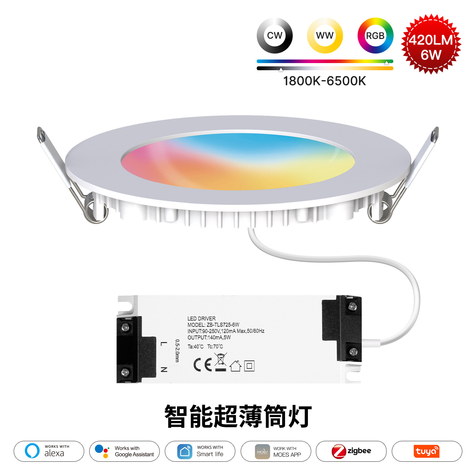 涂鸦智能家居zigbee智能筒灯LEDRGB暖冷光app定时6W薄款聚光灯