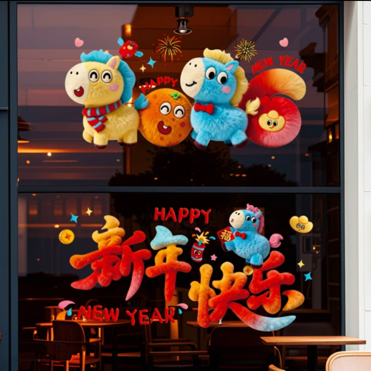 2026新年窗花静电贴窗贴新年装饰春节福字橱窗5D毛绒玻璃贴纸