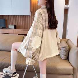 气质格子棒球服外套女春秋款学生设计感港风简约减龄慵懒拼色夹克