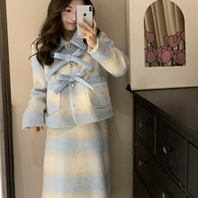 N0107浅色糖果色温柔韩版毛呢外套女加厚羽绒服套装名媛半裙冬装