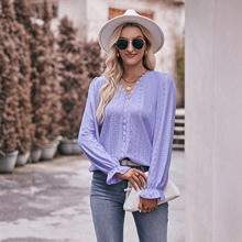 2025年秋季新款欧美外贸女装亚马逊纯色T恤洞洞蕾丝V领长袖上衣