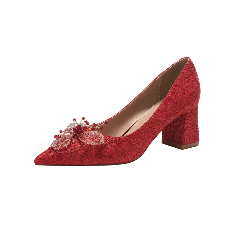 6555G-046 Bowknot Flower Pointed Toe Chunky Heel Women's High Heels Dress Red Wedding Bride Single Shoes_voghion.com