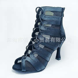 外贸绑带镂空舞蹈靴女性感网眼爵士靴heels高帮拉丁舞鞋成年salsa